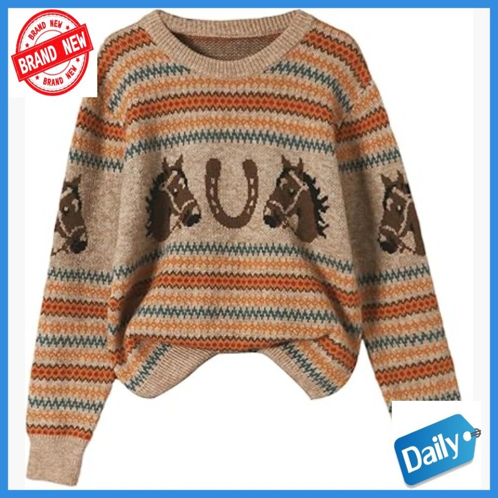 Women's Graphic Crew Neck Pullover Sweater Long Sleeve Retro Knit Top